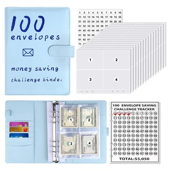 100 конвертов Книга задач по экономии денег,Скоросшиватель для хранения бюджета Бюджетная книга Набор для сбережения наличных (синий)