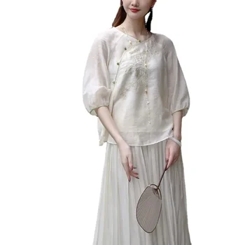 2023 Весна и лето Новый художественный китайский стиль Ретро Китайский костюм Тан Модифицированный Zen Charen Service Suit для женщин
