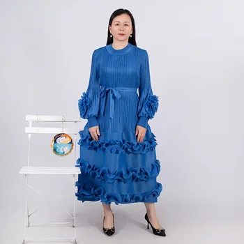 2023 Лето Miyake плиссированное платье на шнуровке для женщин с круглым воротником и рукавом-фонариком однотонные свободные женские элегантные платья