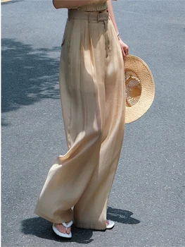 2023 Лето Новый корейский стиль Слегка полупрозрачные глянцевые повседневные брюки Высокая талия Широкие штанины Свободные брюки для мытья пола для женщин