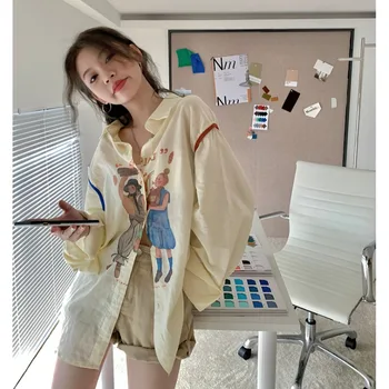 2023 Осенние рубашки с мультяшным принтом контрастного цвета Модные свободные повседневные Y2k Эстетическая блузка для женщин Harajuku Camisas Tops Mujer