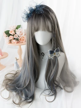 26 дюймов серебристо-серый с выделением серо-синий с челкой синтетические парики длинные натуральные прямые волосы парик для женщин косплей термостойкий