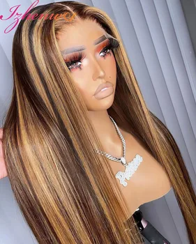 30 дюймов Highlight Ombre Bone Straight HD Lace Front Human Hair Wigs Honey Blonde Color Lace Frontal Wigs For Black Women