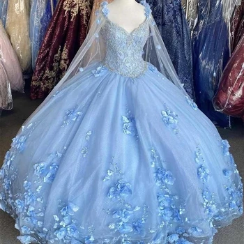 ANGELSBRIDEP Ремешок Светло-голубые платья Quinceanera для 15 вечеринок Мода 3D Цветок Кружева Аппликация Роскошные платья принцессы на день рождения
