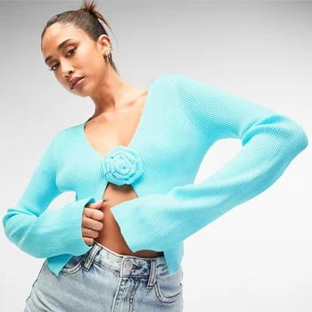 Ardm Модный зимний вязаный свитер с V-образным вырезом Женщины 2023 Новый сексуальный трехмерный цветок Y2k Топ с длинным рукавом Pull Femme Пуловер