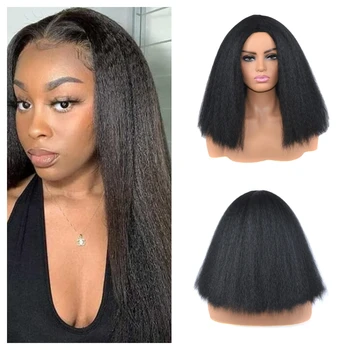 Awahair Синтетические парики с кудрявыми волосами Yaki 14-дюймовые короткие волосы бобо для чернокожих женщин 150% плотность для ежедневной вечеринки косплея