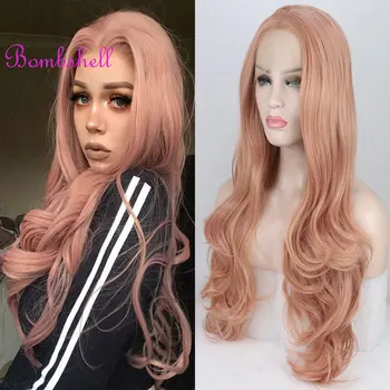  Bombshell Розовая волна тела Синтетические 13X4 Кружевные передние парики Бесклеевые высококачественные термостойкие волосы из волокна для модных женщин