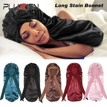 Bowknot Атласный чепчик Однотонный чепчик с длинными волосами Чепчик с эластичным галстуком Jumbo Размер Удобная ночная шапочка для сна для женщин 1 шт.