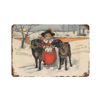 Dreacoss Металлический жестяной знак,Ретро-стиль, Плакат новинки,Железная картина,Девушка с большими собаками Счастливого Рождества Праздник Поздравления Tin Sig