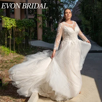 EVON BRIDAL Светлое свадебное платье с шампанским Большие размеры с длинными рукавами Иллюзия Платья невесты A-Line vestidos de novia talla grande