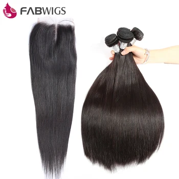 Fabwigs Бразильские прямые волосы с застежкой Пучки из натуральных волос с кружевной застежкой 4X4