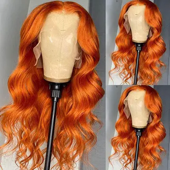  Ginger Orange Loose Wave Synthetic 13X4 Кружева Передние Парики Бесклеевые Термостойкие Волокна Волосы Средняя Часть Для Моды Женщины Косплей