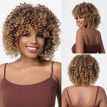 HAIRCUBE Короткие афро женские парики с челкой Кудрявые вьющиеся волнистые коричневые блондинки омбре синтетические парики для косплея глубокая волна золотые волосы