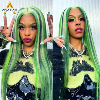  Highlight Green Color Синтетический 13x4 Кружевной передний парик Прямой Термостойкий Drag Queen Косплей Парики Для Женщин Предварительно Ощипанные 180%