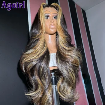 Highlight Ombre Blonde Black 13x6 Кружевные фронтальные волнистые парики из натуральных волос 180% 34 дюйма 13x4 Body Wave Кружевные передние парики Бесклеевой парик 4X6