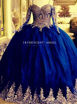 IRIDESCENT Бальное платье Королевский синий Аппликации Длинные рукава Quinceanera Платья для девочек на день рождения Vestidos De 15 Años
