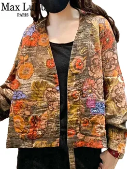 Max LuLu 2023 Летняя одежда Корейская женская мода Свободные льняные куртки с принтом Женские роскошные повседневные винтажные хлопковые пальто с цветочным принтом