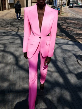 Modphy Мода Розовый Офис Дамы Блейзер Брюки Костюмы Женщины Набор из 2 предметов Осень 2023 Элегантный шикарный соответствующий набор