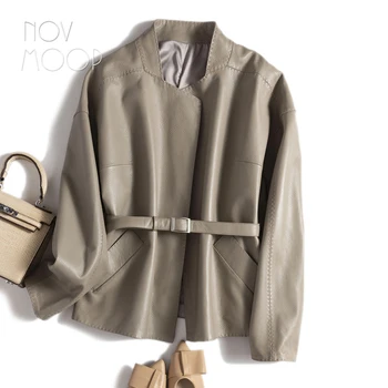 Novmoop натуральная воловья кожа узор личи женская куртка мандариновый воротник застежка на ремень формальный шикарный стиль мягкий на ощупь LT3585