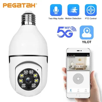PEGATAH 5G Bulb E27 Камера наблюдения Полноцветная камера ночного видения Отслеживание человека Zoom Внутренний монитор безопасности Wi-Fi Камера