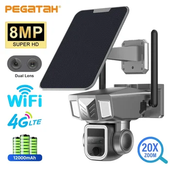 PEGATAH 8MP 4G Беспроводная 20-кратный зум Солнечная камера 4K WiFi Три объектива Солнечная панель Обнаружение человека PTZ-камера безопасности Водонепроницаемая камера