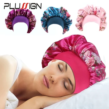 Plussign Атласные чепчики для женщин Ночная спальная шапочка с эластичной лентой шириной 6 см Шелковистый принт с цветочным принтом Дамский чехол для волос Шляпа