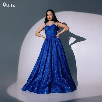 Qanz Royal Blue Sparkle Атласные выпускные платья Блестящие спагетти на бретелях Длинный корсет A Line Элегантное вечернее платье Vestido De Fiesta