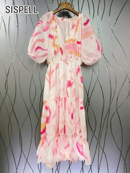 SISPELL Платье с глубоким V-образным вырезом для женщин Пухлые платья с коротким рукавом и высокой талией с цветным принтом Средние платья Женская модная одежда Стиль 2023 года