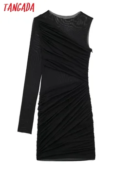 Tangada 2023 Женское сетчатое платье с открытыми плечами Сексуальные женские плиссированные мини-платья 3H753