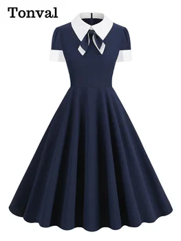 Tonval Отложной воротник Нос Спереди Темно-синие летние платья для женщин 2023 Официальное платье в винтажном стиле Элегантное платье