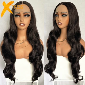 X-TRESS 30 дюймов Длинный темно-коричневый кружевной парик спереди Легкий волнистый волос Бесклеевые термостойкие синтетические кружевные парики для женщин