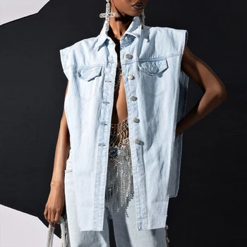 Xiktop Боковой полый джинсовый жилет до плеч сексуальный нерегулярный длинный топ рубашка воротник однобортный тренд повседневная уличная одежда
