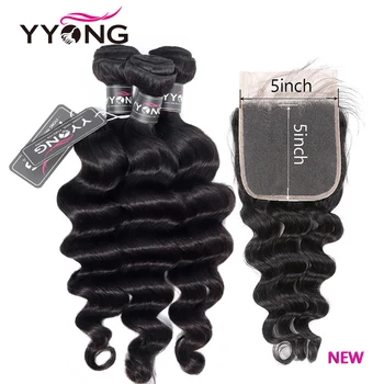 YYong Свободная глубокая кружевная застежка 5X5 с пучками 30-дюймовые бразильские человеческие волосы свободные глубокие волны 3/4 пучка с застежкой