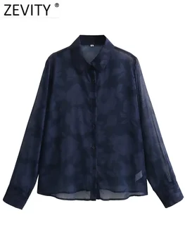 Zevity 2023 Новые женские винтажные шифоновые блузки с принтом темного цветочного принта Офисная леди деловая повседневная рубашка Шикарная сорочка Blusas Топы LS5665