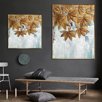 Абстрактные скандинавские картины маслом ручной работы с кленовым листом для стены гостиной