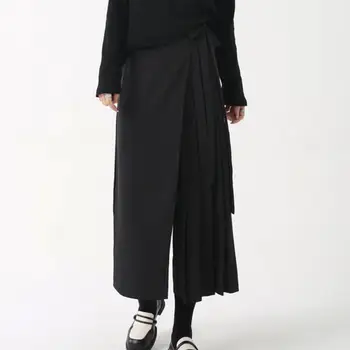 Брюки High Street Кюлоты Черные однотонные плиссированные широкие штанины для женщин High Street Style Неправильная длина до середины икры