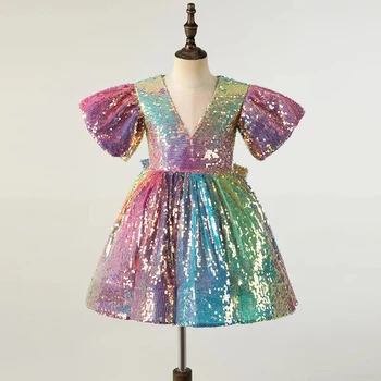 Детское платье 2023 года новые радужные пайетки для девочек принцесса пушистая пачка платье для вечеринки по случаю дня рождения рождественская детская одежда