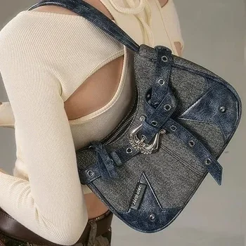 Джинсовая ретро женская сумка для подмышек 2023 Высокое качество Оригинальный дизайн Сумки через плечо Y2k Модный ремень Украшение Сумки для девочек