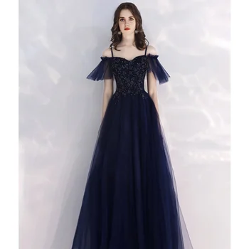 Длинное темно-синее выпускное платье D141 Sweet Memory Леди Принцесса Спагетти Ремешок Аппликации Кружева Тюль Производительность Свадебные Платья Для Гостей