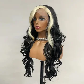 Длинные волнистые кружевные парики для чернокожих женщин Синтетический парик Body Wave Предварительно выщипанный с детскими волосами Натуральный черный парик с мелированием Бесклеевой кружевной парик