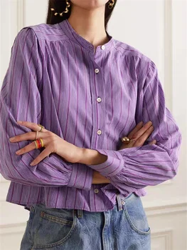 Женская блузка 2023 Новая весенняя хлопковая полосатая однобортная повседневная рубашка с длинными рукавами в полоску с круглым вырезом