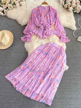 Женские комплекты летних платьев Fairy V-образным вырезом Оборки на талии Шифоновая рубашка с цветочным принтом Плиссированная юбка из двух частей с высокой талией D3558