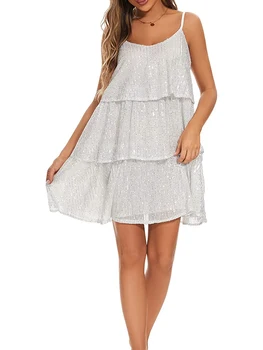 Женское мини-платье без рукавов с пайетками Блестящее платье для торта Оборки Клубные короткие платья для вечеринок