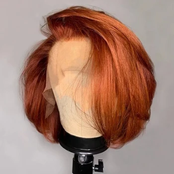 Мягкие предварительно выщипанные имбирно-оранжевые средние части шелковистые прямые короткие тупые боб кружевные передние парики для чернокожих женщин с детскими волосами ежедневно