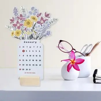 Настольный календарь для дизайна Настольный календарь на 2024 год 2024 Настольный календарь с цветущим цветком с деревянным основанием Домашний офис Школьный ежемесячный рабочий стол