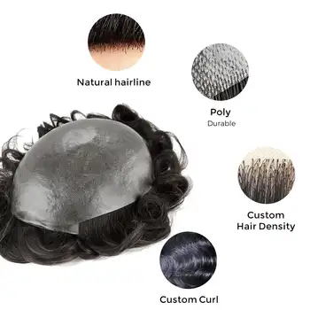  Настоящие системы человеческих волос Дышащий мужской парик 0,02-0,03 мм V-образная петля Полный системный блок из полиуретана Мужской парик Прочный мужской волосяной протез