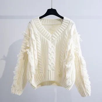 Осенне-зимний женский свитер Трикотажный женский топ с длинным рукавом Femme Корейская мода Белая кисточка Twist Женские свитера Пуловер 2023
