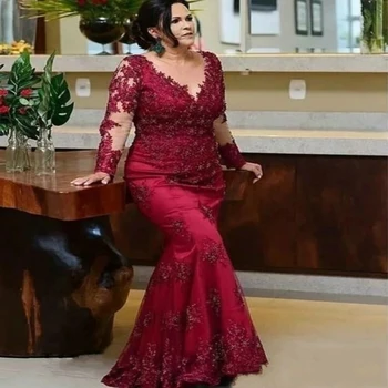Переливающийся бордовый с длинными рукавами Vestidos de festa Платья для матери невесты Аппликация Вечерние платья Корсет Назад