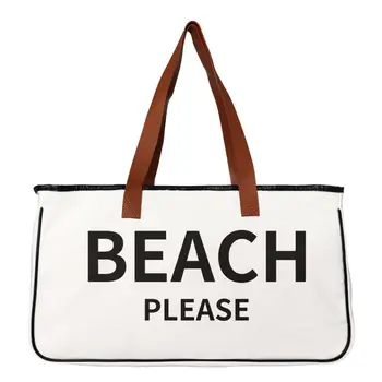 Персонализированные холщовые пляжные сумки с кожаными ручками Сшитые летние пляжные сумки DIY Words Женские многоразовые сумки через плечо