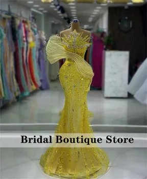 Потрясающие желтые выпускные платья в Дубае 2024 Бусины Хрустальные стразы Официальная вечеринка со знаменитостями Свадебное платье Vestidos De Noche
